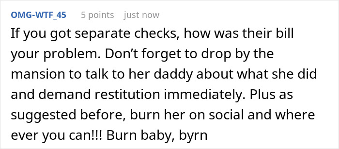 Comment discussing a millionaire deciding to run out before paying the bill, seen as stuck up and entitled behavior.