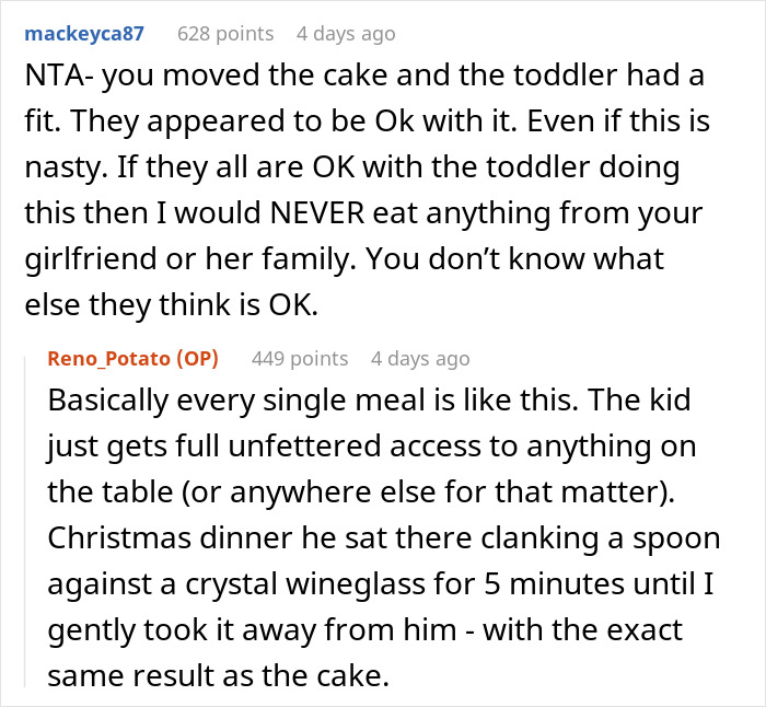 Reddit comment thread discussing a guy moving cake away from toddler destroying it, receiving side-eye from parents. Reddit comment thread discussing a guy moving cake away from toddler destroying it, receiving side-eye from parents.