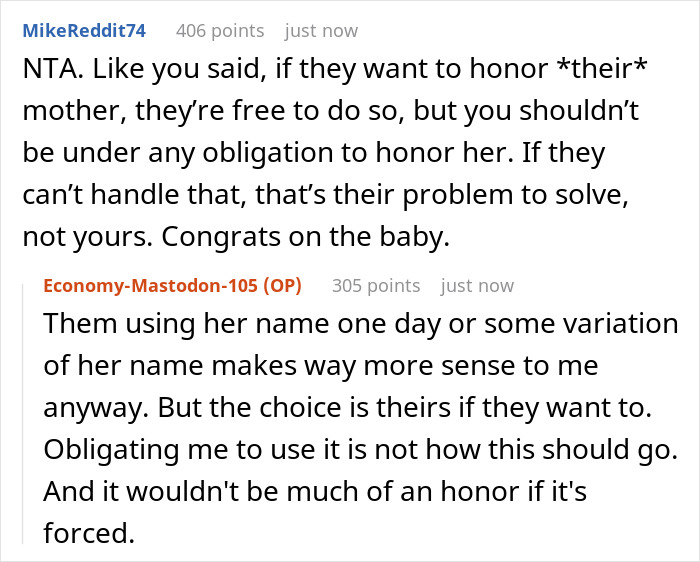 Reddit conversation about dad seeing grandbaby as sign from late wife and his demand to name the baby after her being rejected.