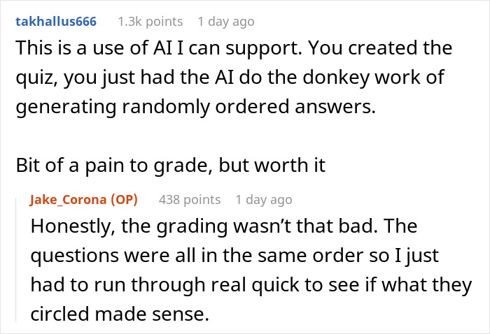 Reddit comments discussing a teacher catching cheaters by handing out 24 quiz versions with randomized answers.
