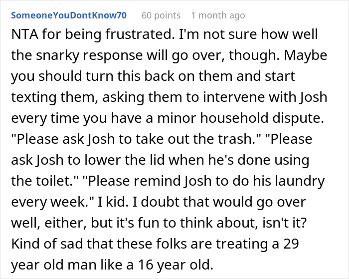 alt text: Reddit user discusses helicopter parents treating 29-year-old son like a child, frustrating his girlfriend who is ready to shut it down
