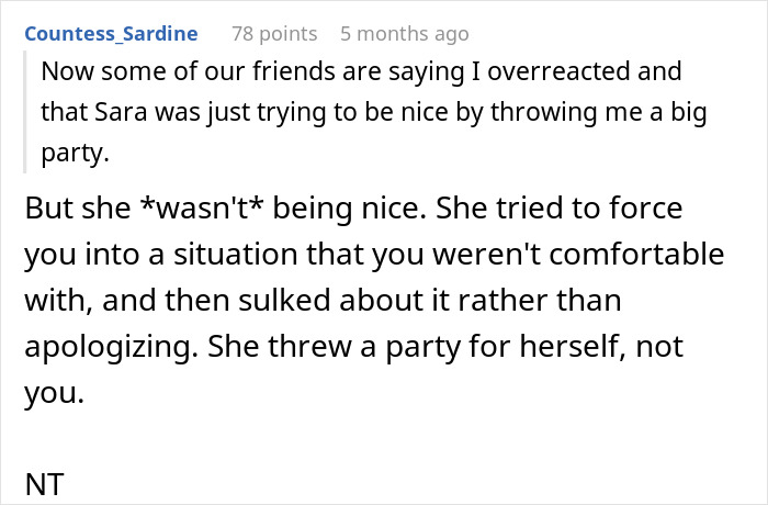 Comment discussing a roommate throwing a surprise bash with 50 guests for an anxious birthday girl who walks out.
