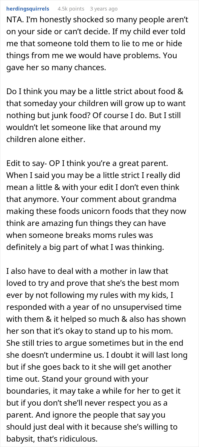 Comment discussing a mom refusing to leave kids with mother-in-law over repeated fast food feeding and parenting boundaries.