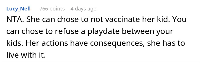 Comment highlighting consequences for a pregnant anti-vaxxer as a friend refuses future playdates between their kids.
