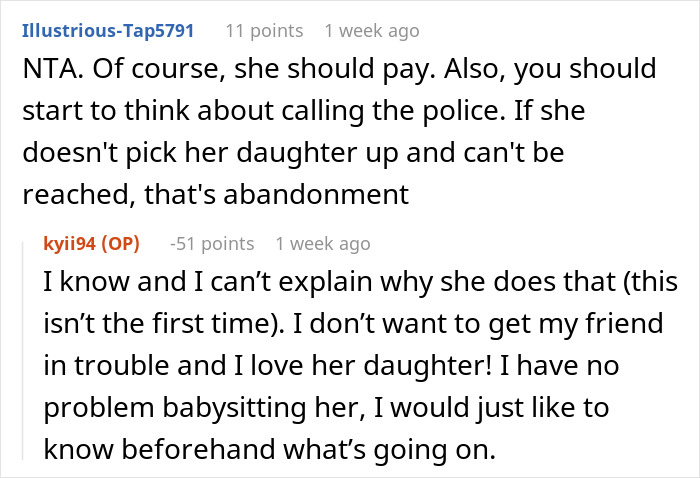 Commenters discuss if charging friend for daughter ruining furniture is justified and mention concerns about abandonment and communication.