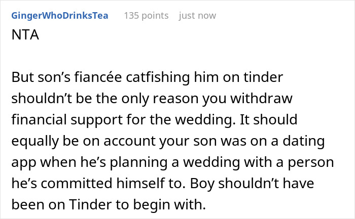 Comment discussing wedding drama after groom fails fianc&eacute;e loyalty test and parents refuse to fund the wedding.