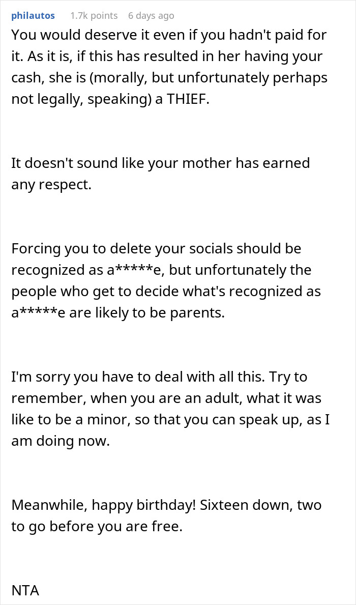 Comment discussing respect and control issues related to paying for and having a say in a Sweet 16 celebration. Comment discussing respect and control issues related to paying for and having a say in a Sweet 16 celebration.