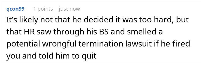 Screenshot of a forum comment about a manager wanting to fire an employee with baseless claims but facing proof challenges.