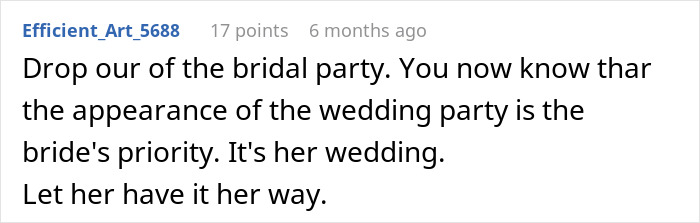 Comment discussing a bride prioritizing the wedding party's appearance over a cousin with alopecia wearing a headscarf.