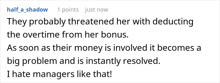 Comment on workers shamed by boss obsessed with punctuality, discussing overtime and management issues.