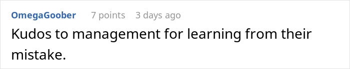 Comment praising management for learning from their mistake in a retail setting discussing empty shelves and sales issues.