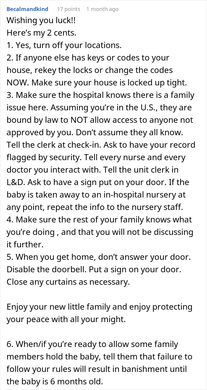 Comment providing advice on handling family and hospital access issues during daughter's delivery with dad wanting front-row seat.