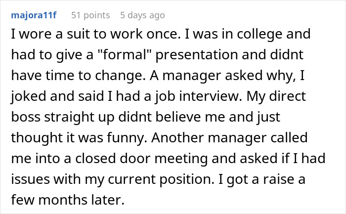 Employee wears full suit to office in response to berating boss, leading to boss&rsquo;s demotion and workplace change.