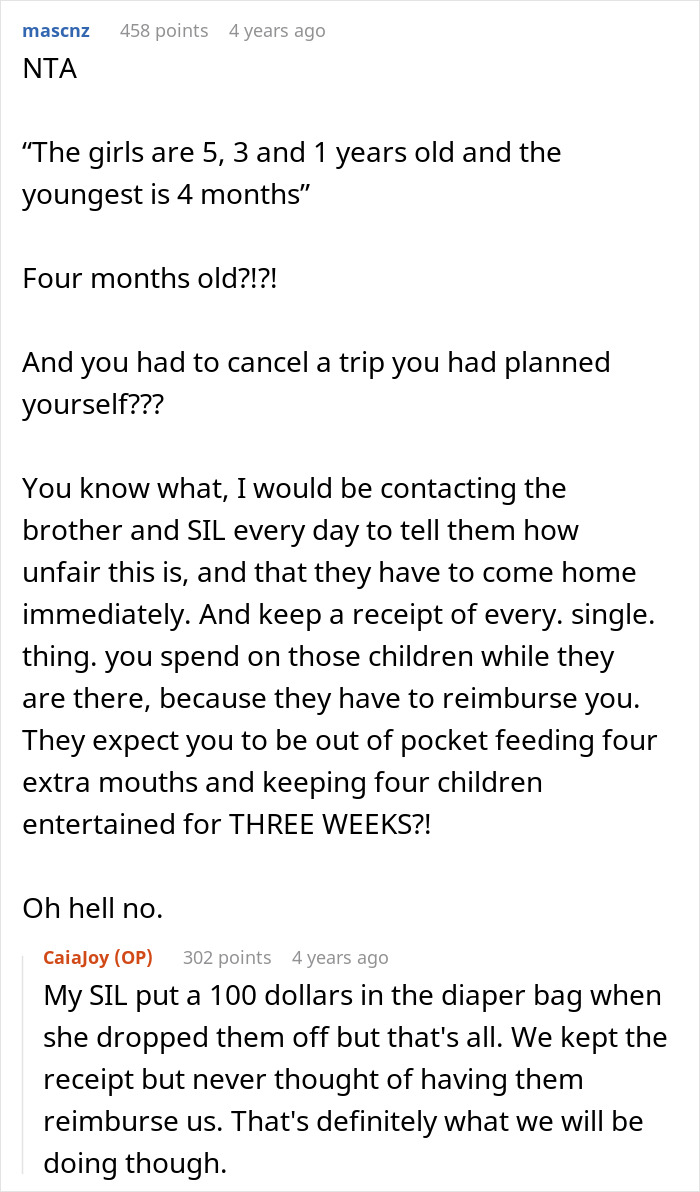 Reddit comments discussing babysitting nightmare as aunt unexpectedly cares for SIL’s kids including an infant for weeks without proper reimbursement. Reddit comments discussing babysitting nightmare as aunt unexpectedly cares for SIL’s kids including an infant for weeks without proper reimbursement.