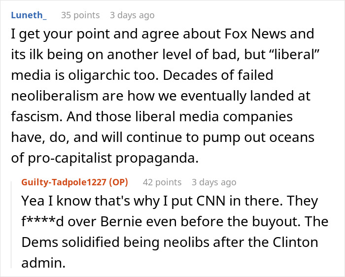 Comment thread discussing media bias and neoliberalism related to job seeking and security escort experiences.