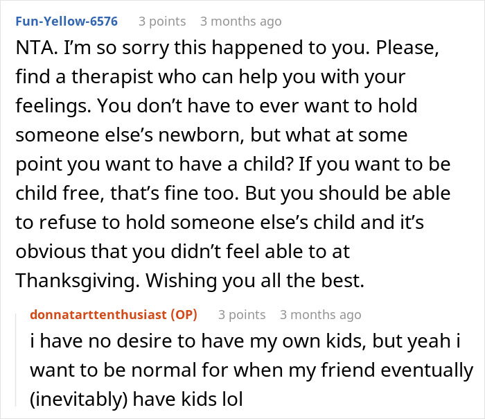 Reddit comments discussing a woman forced to hold a newborn despite her trauma and her decision to break up with boyfriend.