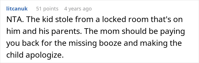 Screenshot of a Reddit comment discussing a teen sneaking into a roommate’s room and stealing alcohol. Screenshot of a Reddit comment discussing a teen sneaking into a roommate’s room and stealing alcohol.
