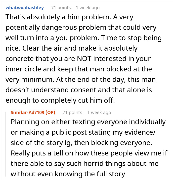 Screenshot of Reddit comments discussing a man&rsquo;s fake relationship with a woman who rejected him and ensuing rumors of cheating.
