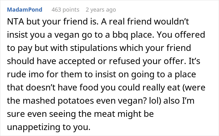 Screenshot of a Reddit comment discussing a friend laughing off a vegan&rsquo;s warning about paying only for his food.