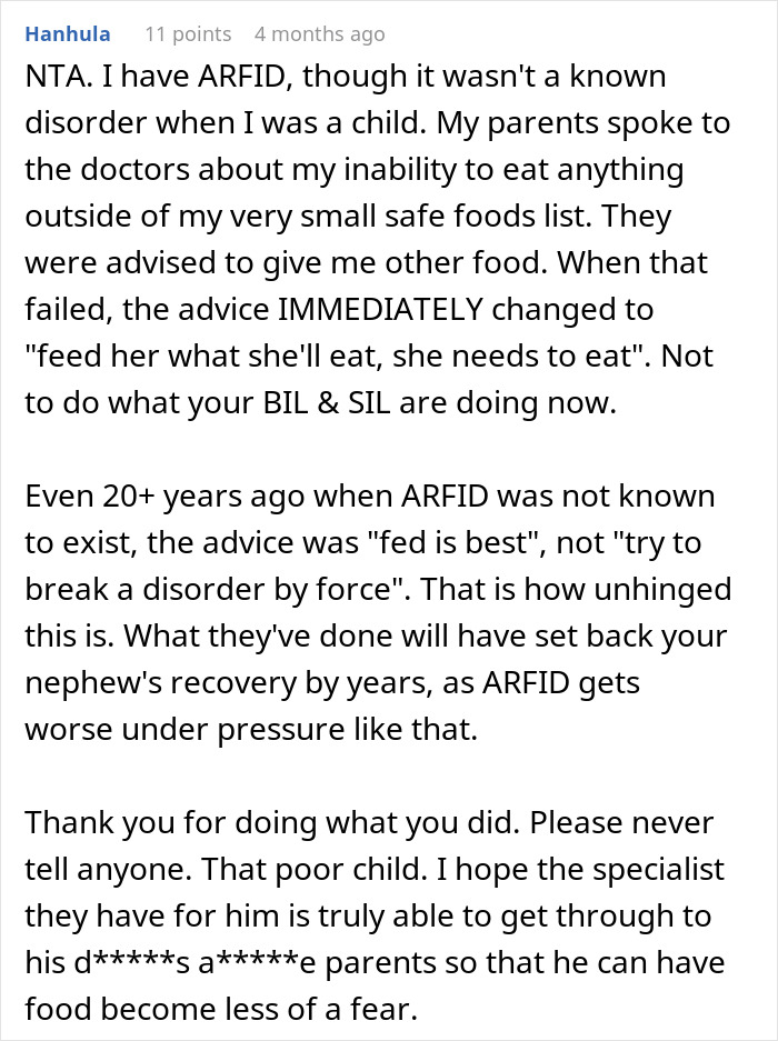 Comment explaining ARFID and support for couple becoming the bad guys after reporting parents to CPS for starving their child.