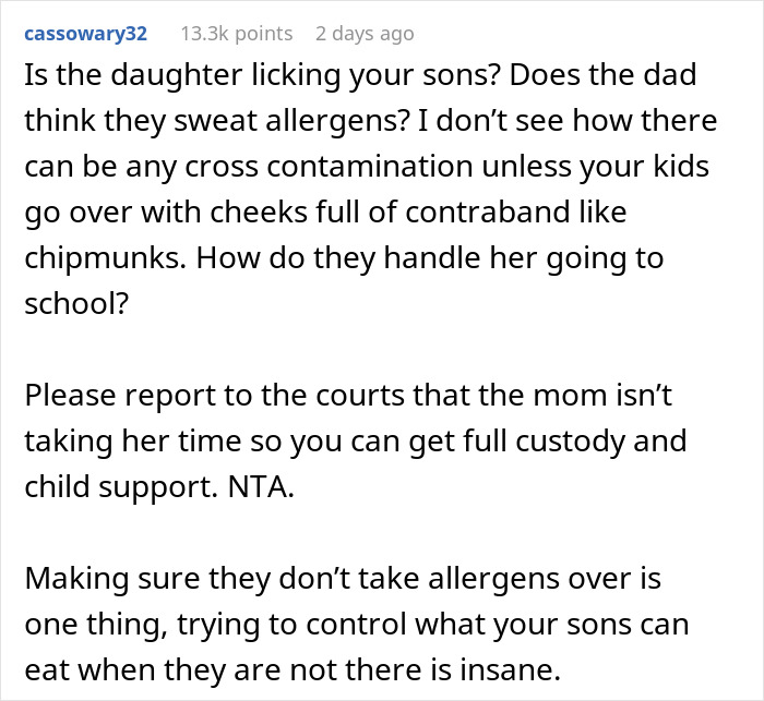 Comment discussing dad refusing to change kids&rsquo; diet despite concerns about allergens and custody issues.