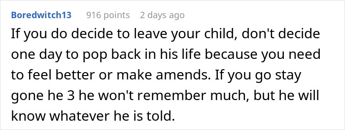 Screenshot of a forum comment discussing the impact of a mother leaving her unwanted child and dealing with a cheating husband.