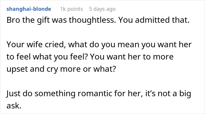 Comment discussing a man asking how to make her feel what he feels after a date leaves his wife crying.