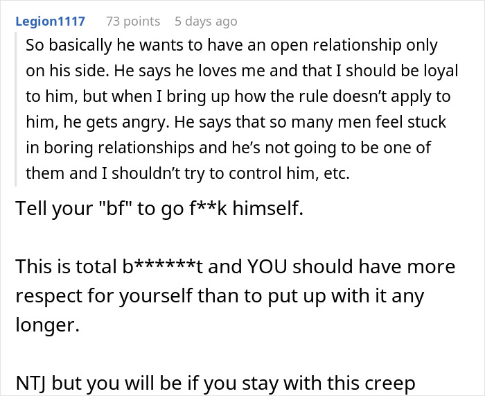 Comment discussing hypocrisy in an open relationship where the guy sleeps around but controls his girlfriend&rsquo;s actions.