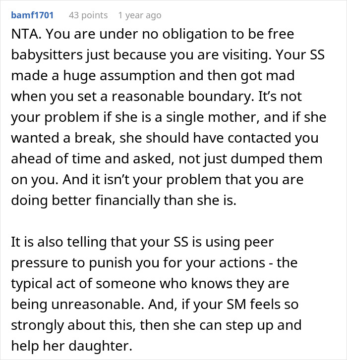 Screenshot of a Reddit comment discussing a woman refusing to babysit step sister&rsquo;s kids, causing family drama.