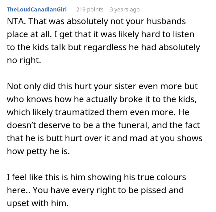 Screenshot of a Reddit comment discussing a guy banned from a funeral after telling SIL&rsquo;s kids their dad passed away.