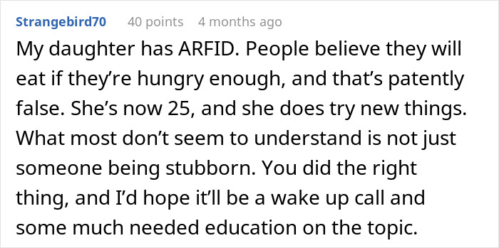 Comment supporting a parent with ARFID, emphasizing the need for education on eating disorder misconceptions.