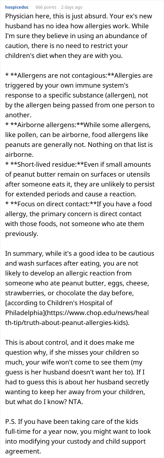 Comment on dad refusing to change kids&rsquo; diet due to ex&rsquo;s new husband concerns about allergies and custody control issues.