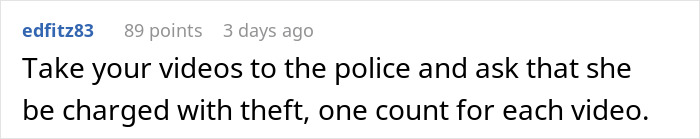 Screenshot of a comment suggesting to take videos to the police to charge a neighbor stealing packages.