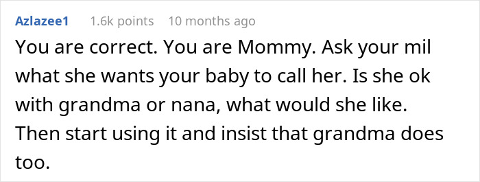 Comment explaining how to address a mother-in-law who calls herself mommy and suggesting asking her preferred name.