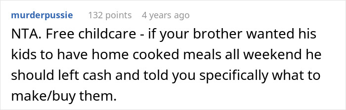 Screenshot of a Reddit comment discussing feeding nieces junk food and childcare responsibilities during family visits.