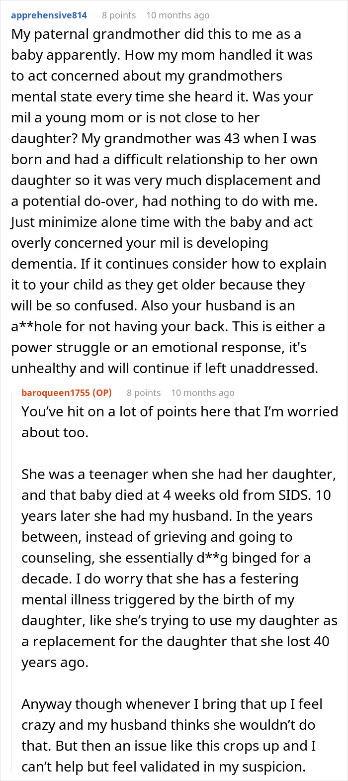 Reddit comments discussing mil calls herself mommy, mental illness, and family dynamics involving a grandmother and mother.