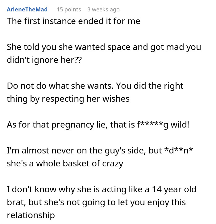 Comment discussing a guy ending relationship after girlfriend fakes pregnancy as a test of his love. Comment discussing a guy ending relationship after girlfriend fakes pregnancy as a test of his love.