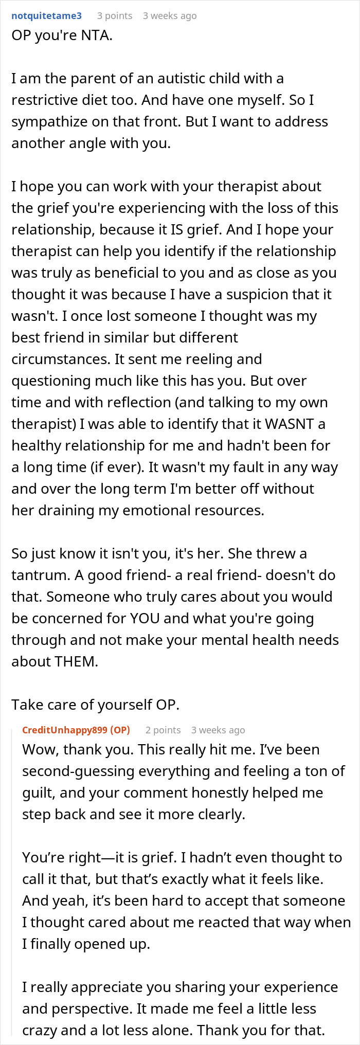 Screenshot of a Reddit conversation about how food talk triggers a woman due to her son’s autism and cousin’s reaction. Screenshot of a Reddit conversation about how food talk triggers a woman due to her son’s autism and cousin’s reaction.