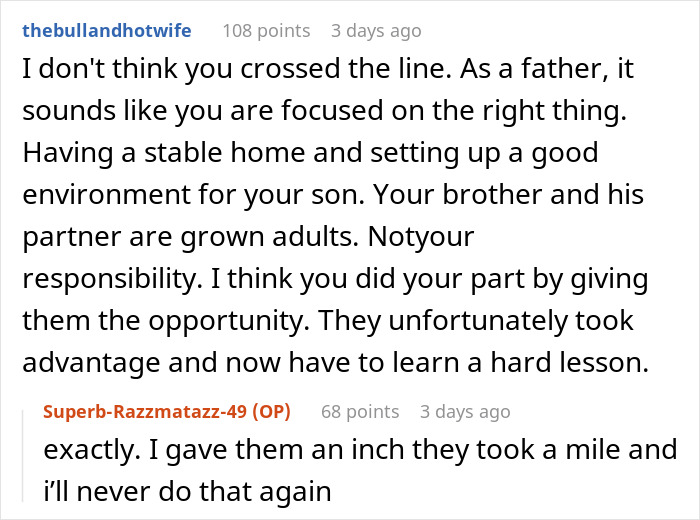 Reddit conversation showing a discussion about a guy opening his door to family in need and closing it after chaos and cigarettes.