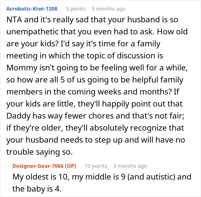 Comment discussing a woman with cancer asking her husband for help with chores and his unsupportive response.