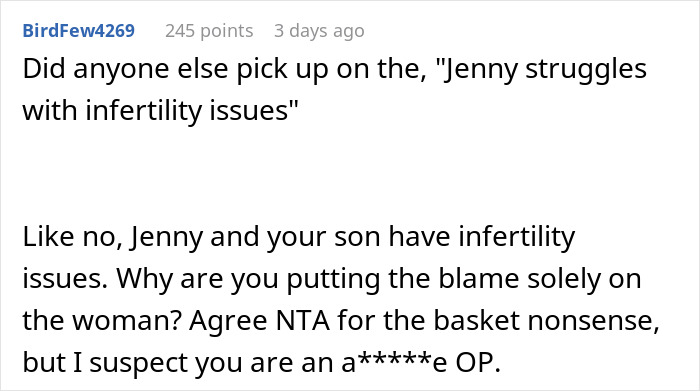 Reddit comment discussing infertility blame in Dog Mom DIL demands equal treatment with moms after Mother’s Day gifting issue. Reddit comment discussing infertility blame in Dog Mom DIL demands equal treatment with moms after Mother’s Day gifting issue.
