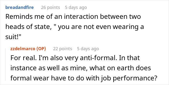 Screenshot of an online discussion about an employee showing up in a full suit to spite a berating boss.