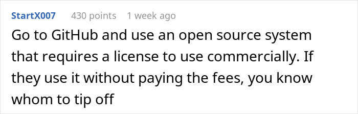 User comment discussing using GitHub open source systems and licensing, related to worker handling a new project after being fired.
