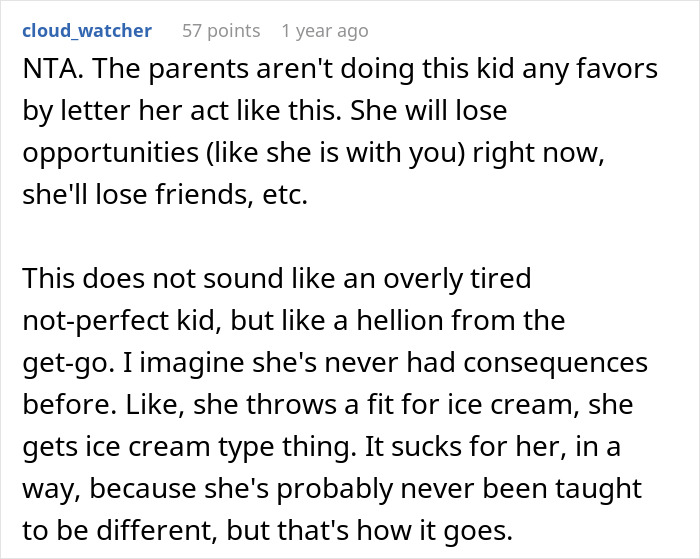 Reddit user comments on sibling conflict about refusing to take sister&rsquo;s kid on trips, debating if she&rsquo;s a jerk.