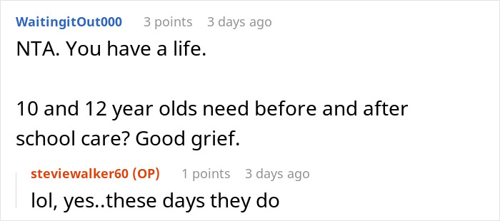 Screenshot of a Reddit conversation discussing a woman upset her mom booked a vacation and won't babysit her two kids.