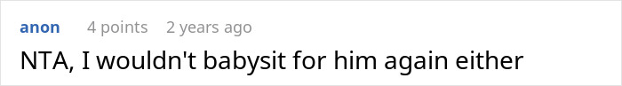 Comment text on a forum post where a user refuses to babysit roommate&rsquo;s kid after a night shift, calling out selfishness.