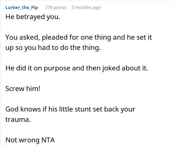 Comment text discussing a woman breaking up with boyfriend after he forces her to hold a newborn despite her trauma.