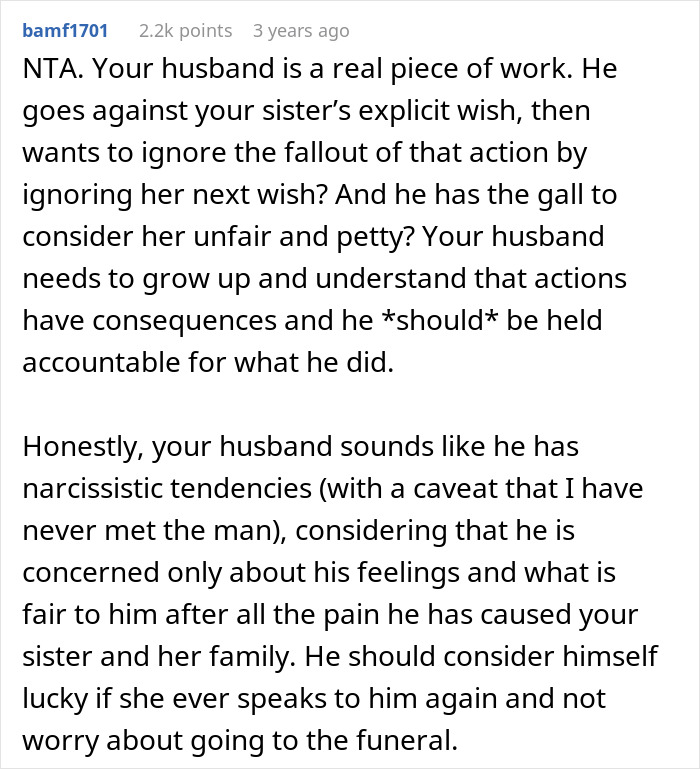 Comment criticizing husband who told SIL&rsquo;s kids their dad passed away and got banned from funeral.
