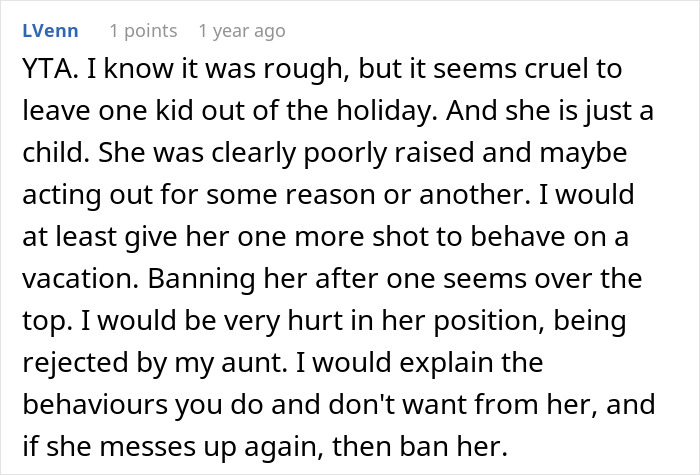 Comment discussing a woman refusing to take her sister&rsquo;s kid on trips, questioning if that makes her a jerk.
