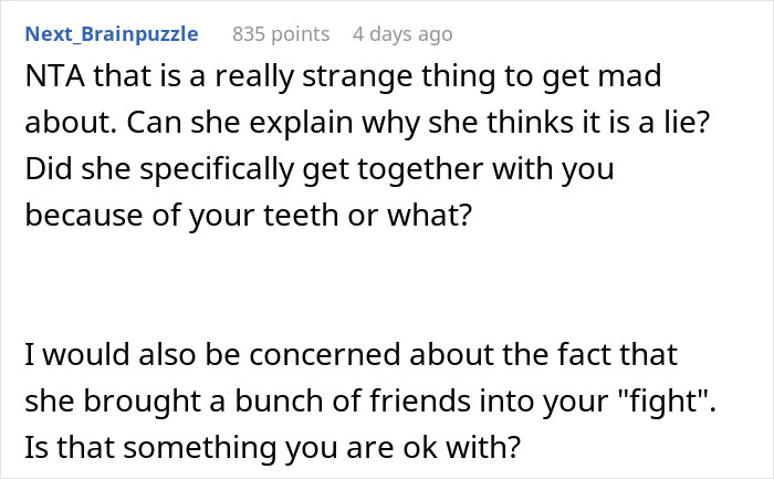 Screenshot of a Reddit comment discussing a man revealing his teeth aren&rsquo;t real after 3 years, causing trust issues.